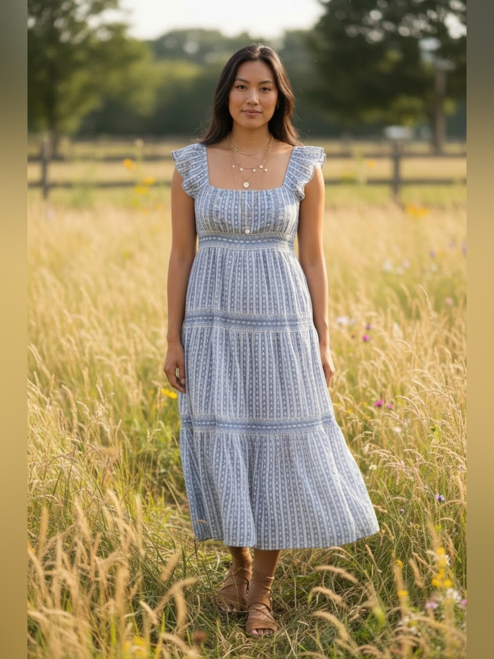 American Eagle Blue Tiered Maxidress XS Cottagecore Lace Cotton Prarie Boho - Picture 2 of 9